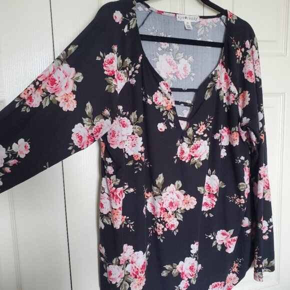 eye candy Tops - Eye Candy Women's 2X Blouse Black and Pink Floral Long Sleeve